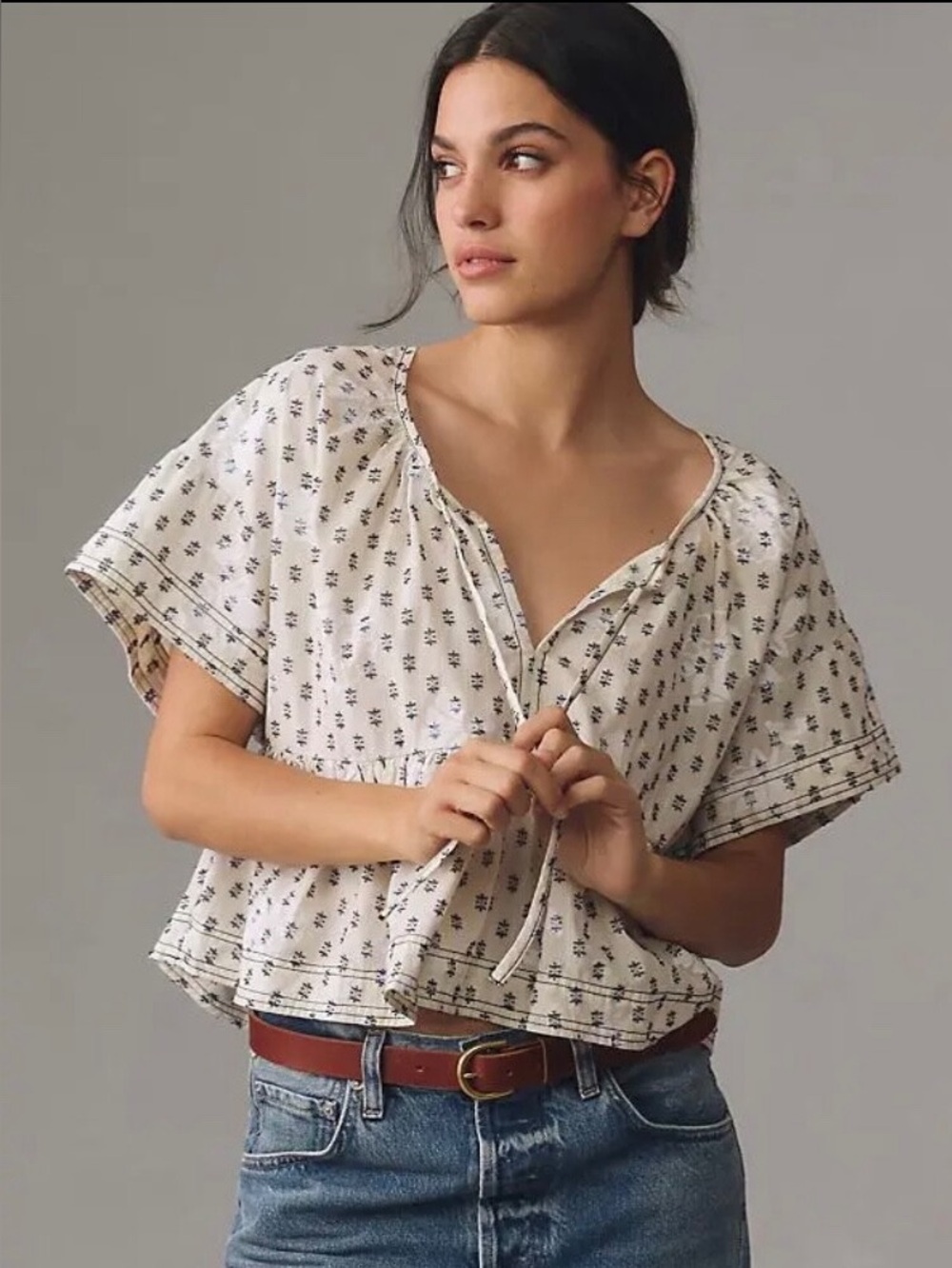 Anthropologie Pilcro Clip Dot Foral Babydoll Cropped White Blouse Blouse XXSmall